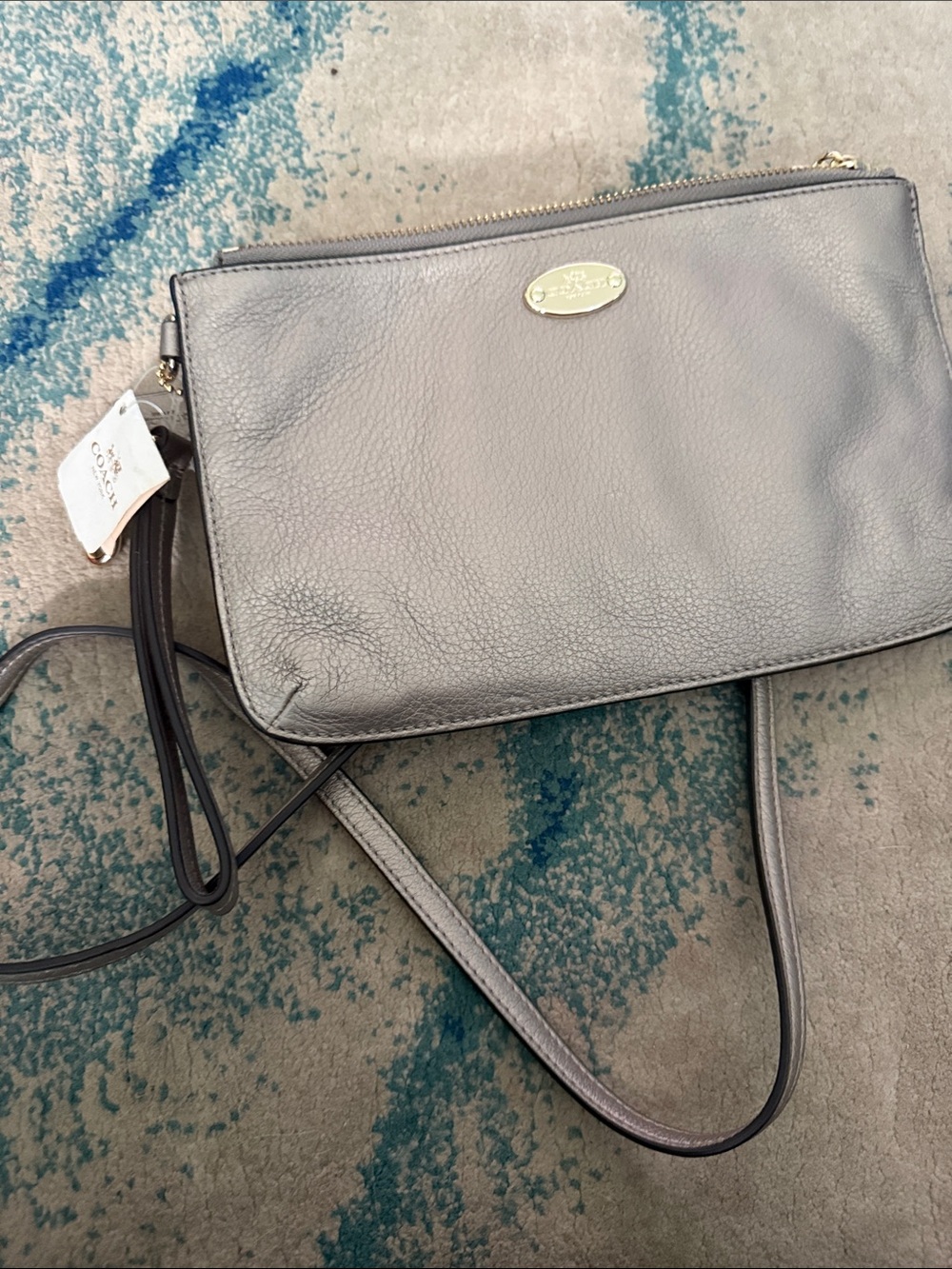 NWT Coach Metallic Silver Pebbled Leather Crossbody